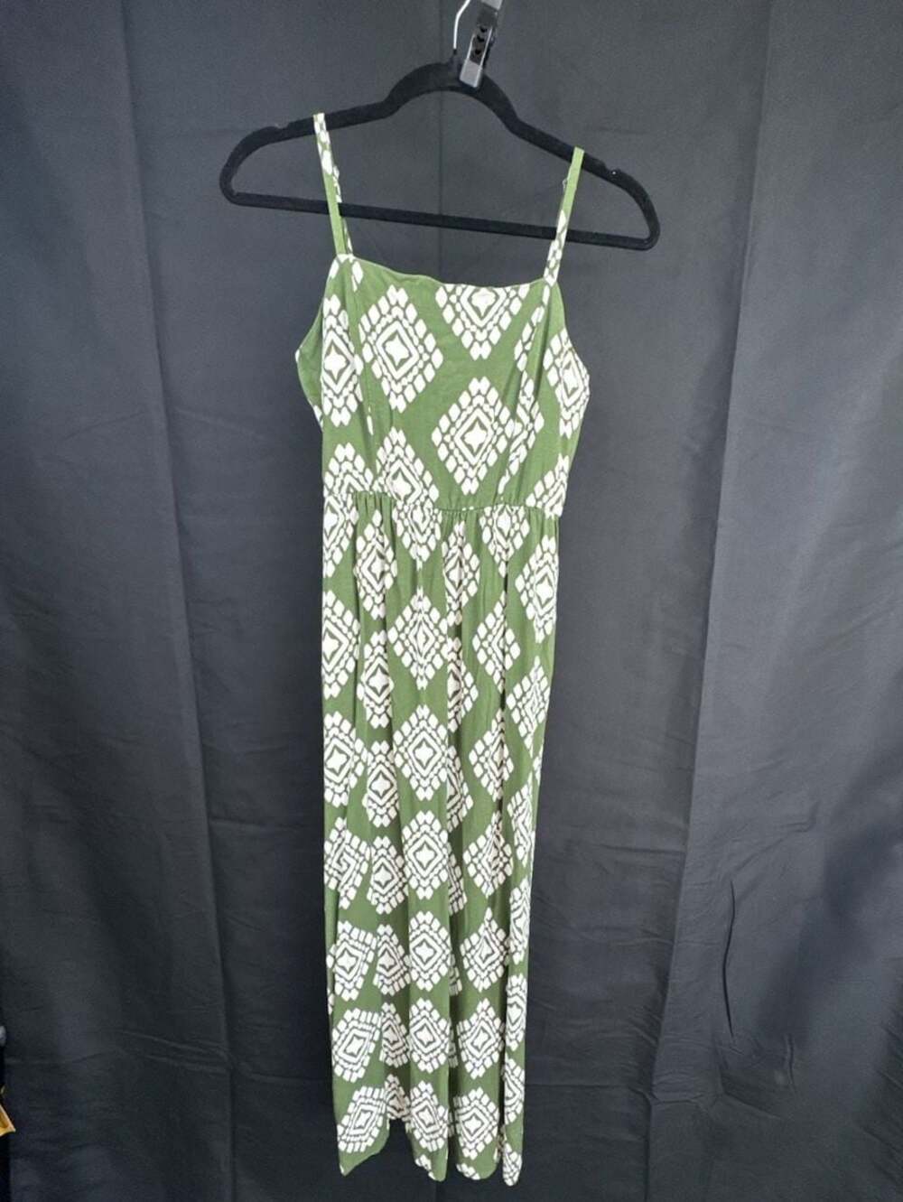 As U Wish Green White Diamond Print Smocked Squareneck Maxi Dress